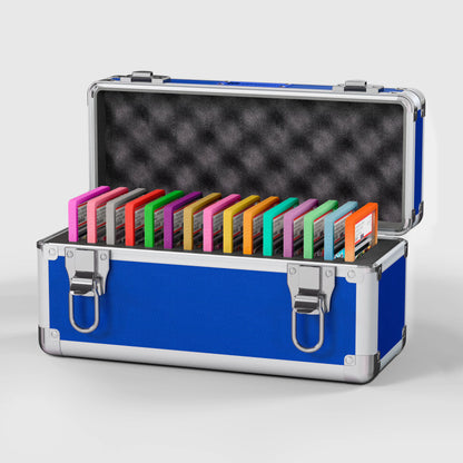 Open view of the Dragonscale X-15 Precision metal slab case in sapphire blue holding 15 PSA slabs with Dragonscale guards.