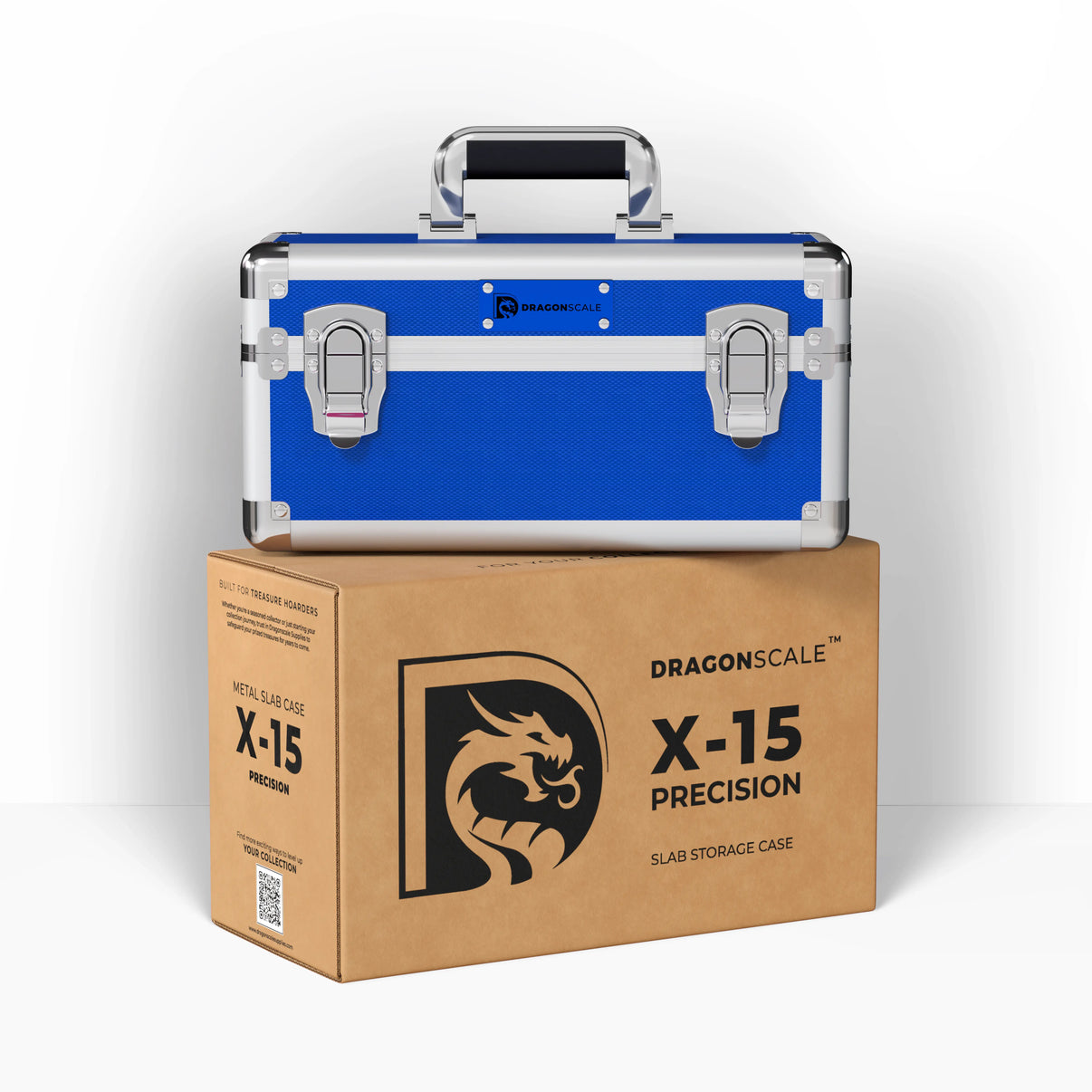Display and demo view of the Dragonscale X-15 Precision metal slab case in sapphire blue, placed on top of its branded cardboard packaging box.