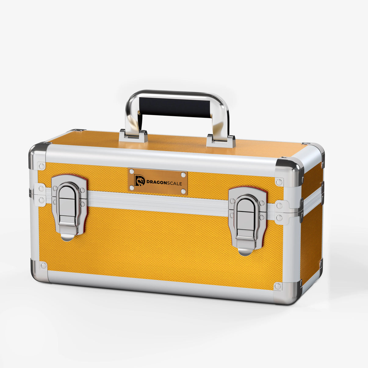 Front closed view of the Dragonscale X-15 Precision metal slab case in shiny gold.
