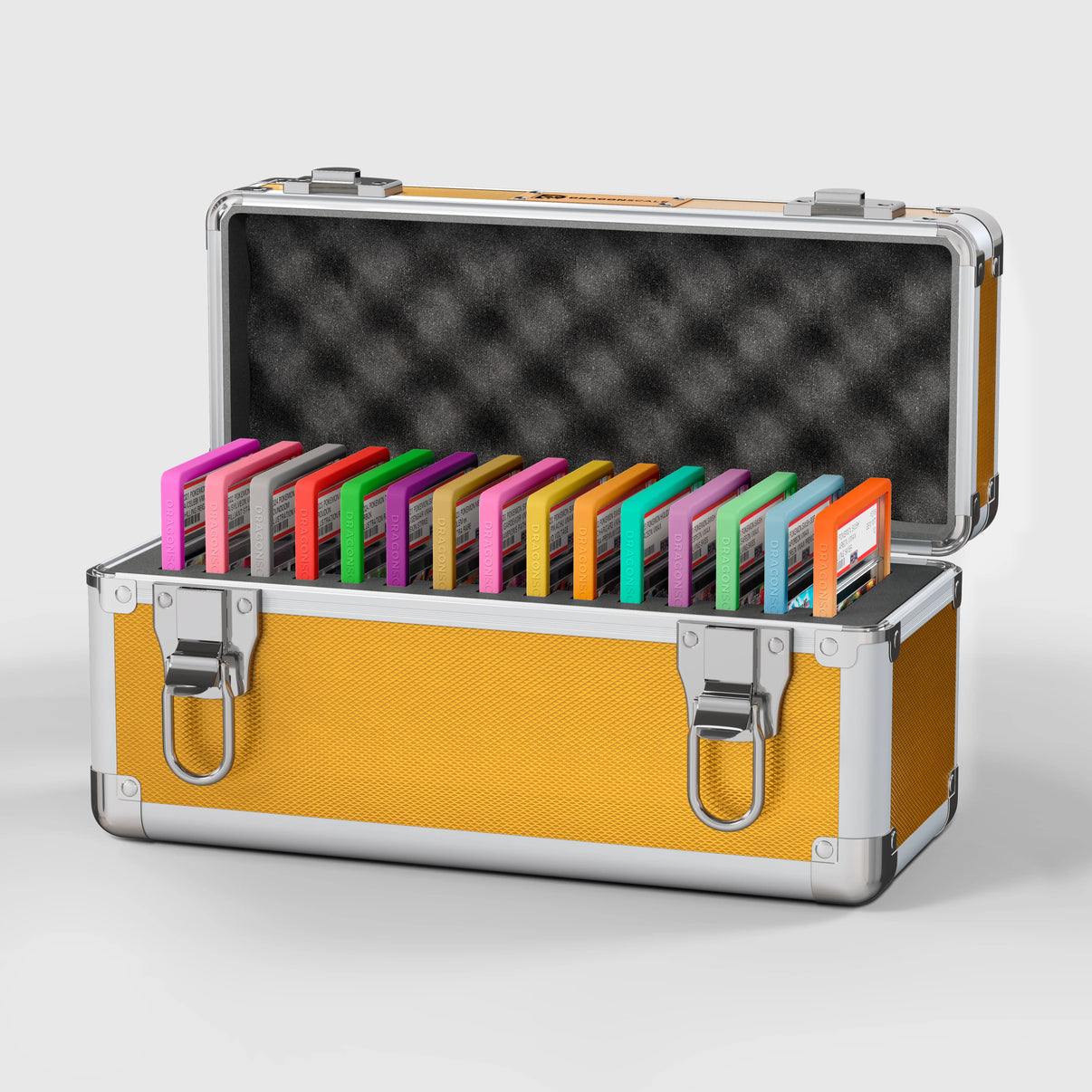 Open view of the Dragonscale X-15 Precision metal slab case in shiny gold holding 15 PSA slabs with Dragonscale guards.