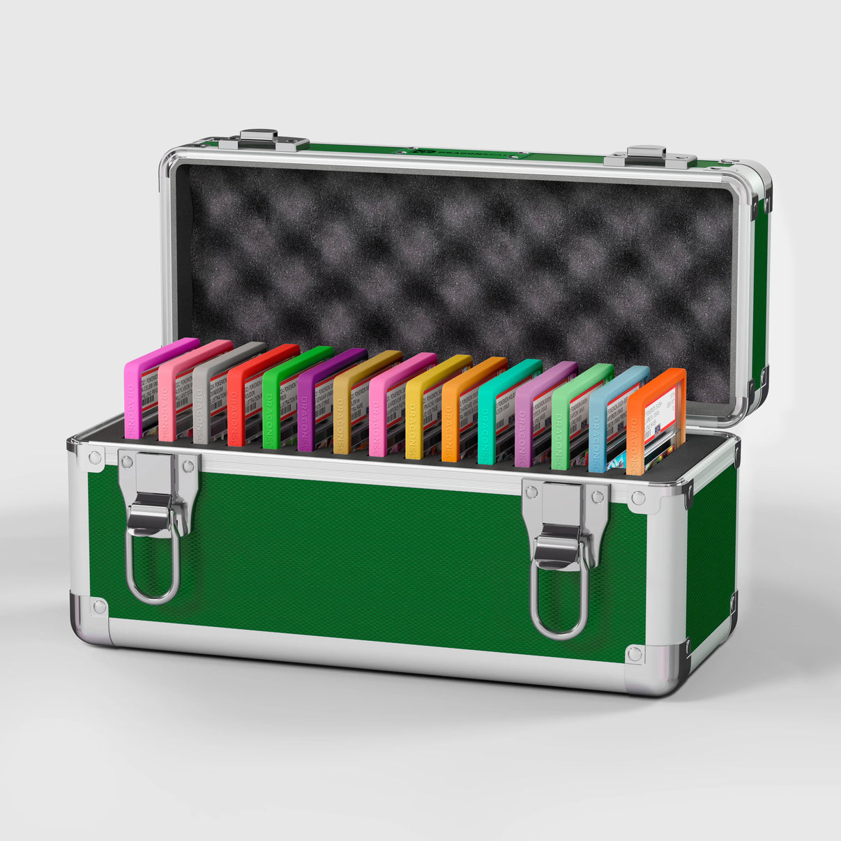 Open view of the Dragonscale X-15 Precision metal slab case in emerald green holding 15 PSA slabs with Dragonscale guards.