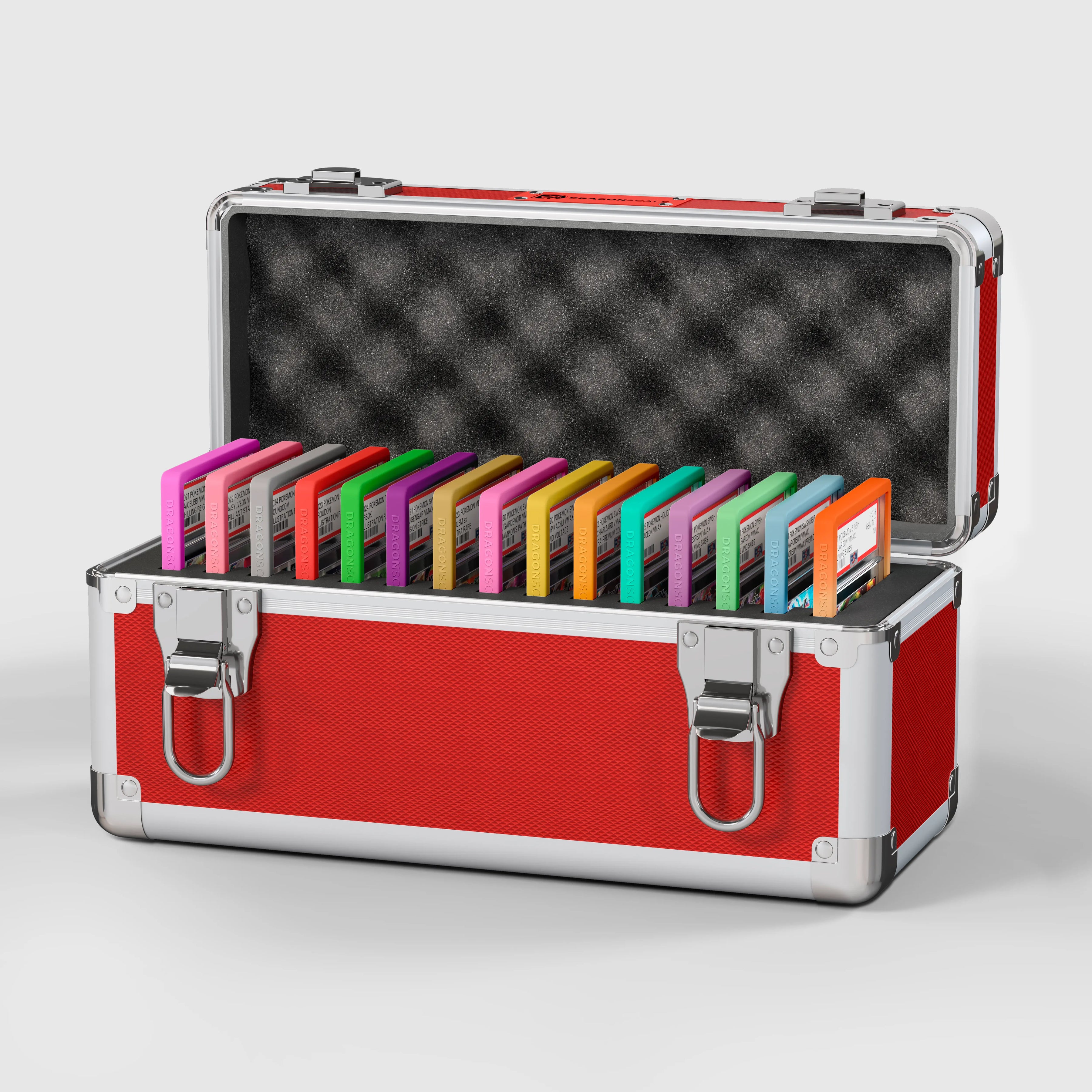 Open view of the Dragonscale X-15 Precision metal slab case in ruby red holding 15 PSA slabs with Dragonscale guards.
