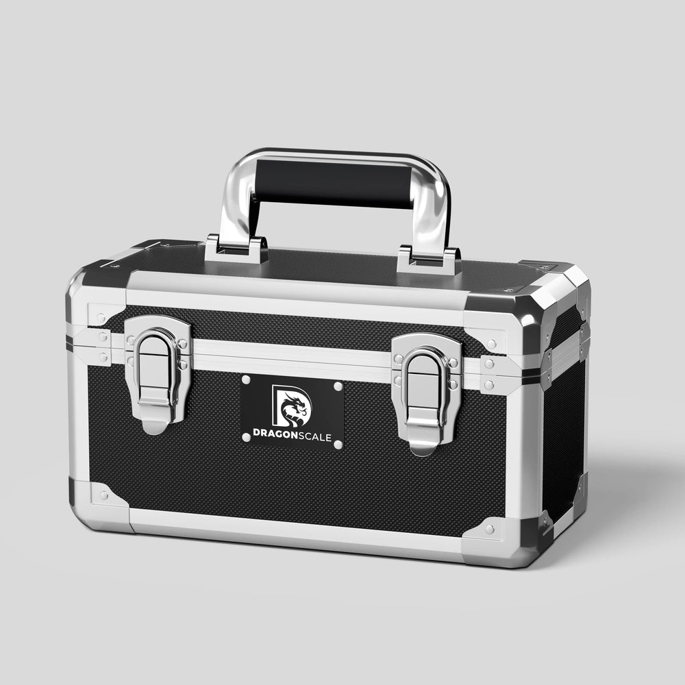 Front closed view of the Dragonscale XC-Titan metal slab case in carbon steel.