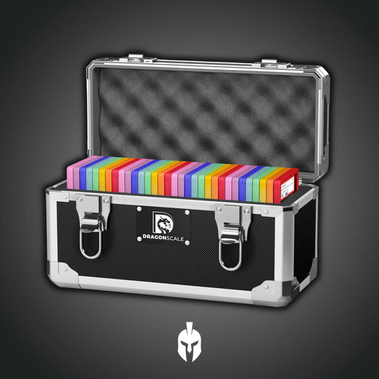 Open view of the Dragonscale XC-Titan metal slab case in carbon steel holding 32 slabs with Dragonscale guards.