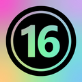 Number 16 in a circular design on a gradient background