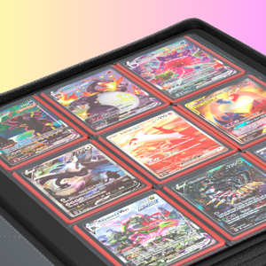 Collection of trading cards on a tray with a gradient background