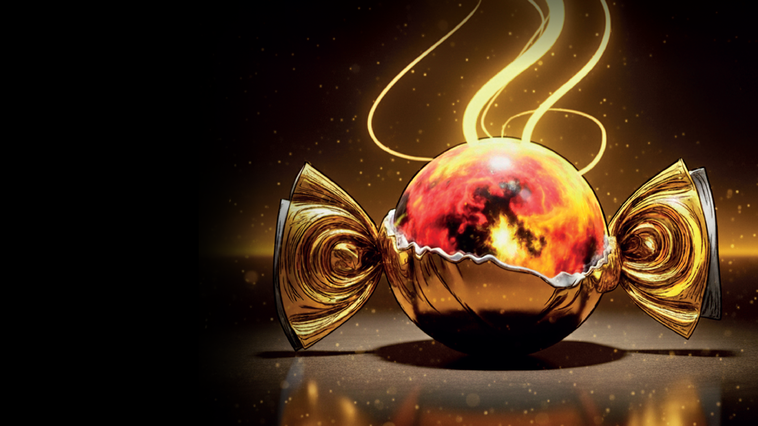 Gold candy bar with a fiery ball inside on a dark background