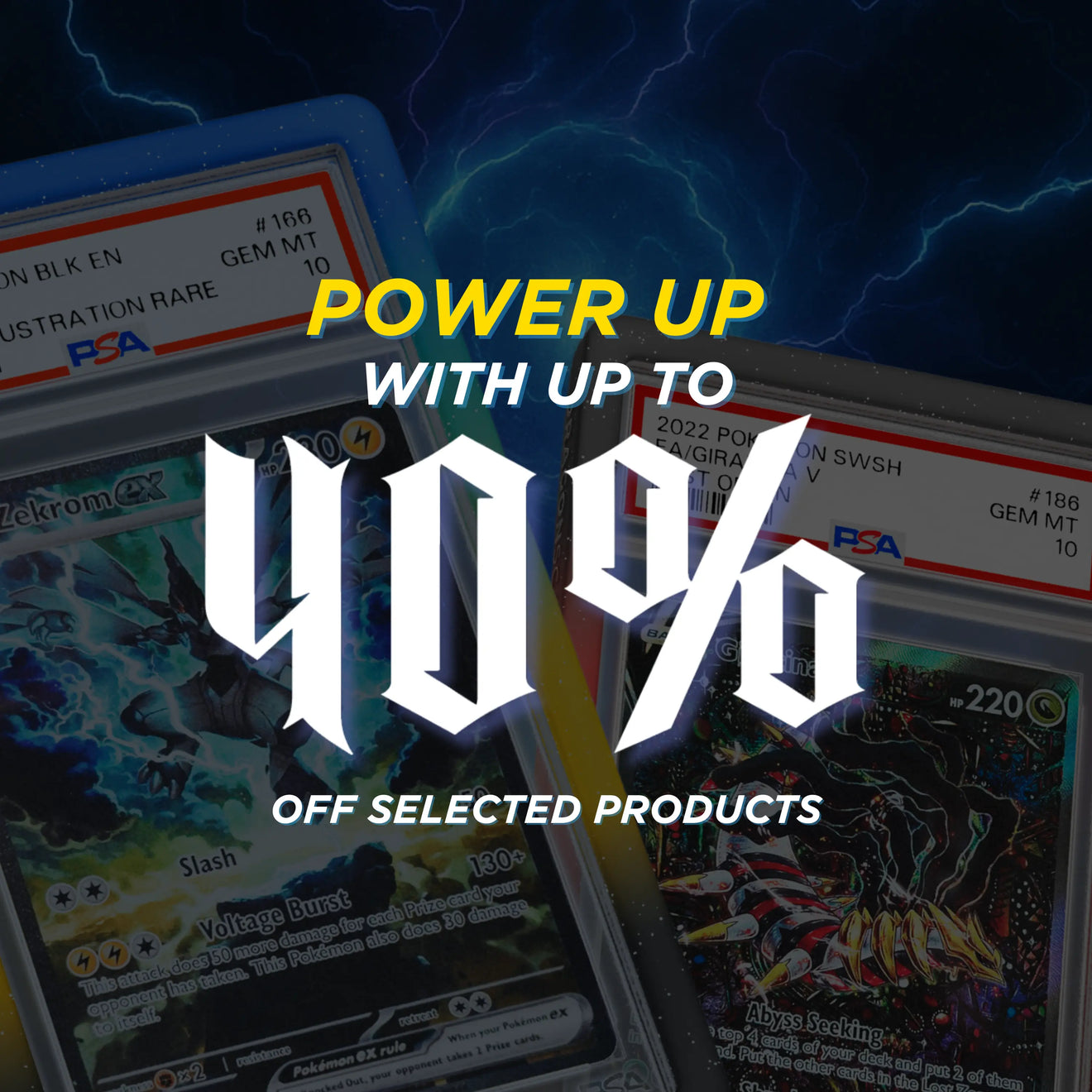 Promotional graphic with trading cards and text overlay on a dark background