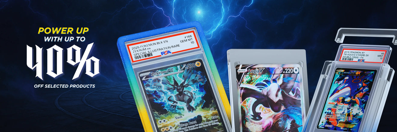 Promotional banner for power-up offer with trading cards on a dark background