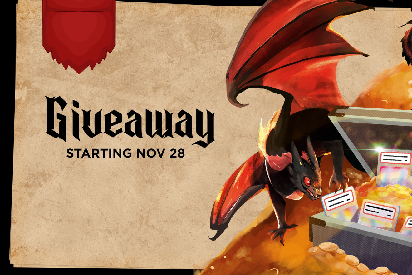 Dragon graphic with 'Giveaway Starting Nov 28' text on a textured background