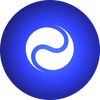 Blue circular logo with a white swirl fusion center