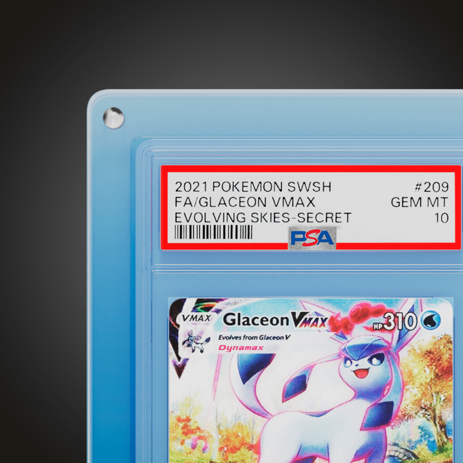 Pokémon trading card featuring Glaceon VMAX with PSA grading label
